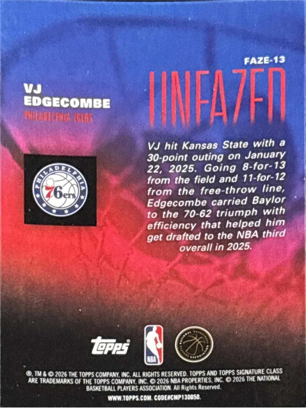 Topps VJ Edgecombe Unfazed Rookie Basketball Trading Card